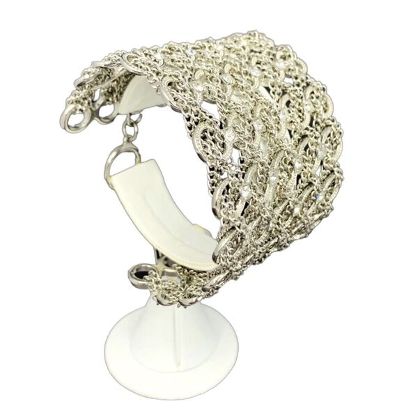 Jennifer Lopez Mesh Silver Tone Bracelet 7"-8" Icy Rhinestone JLO Wide Chain - Picture 1 of 9